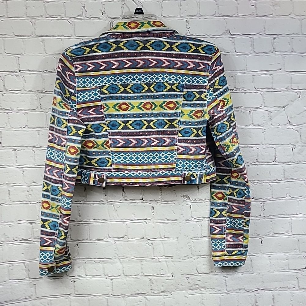 Tinseltown Denim Couture Aztec Tribal Cropped Jean Jacket Western Stretch Boho - Picture 10 of 10
